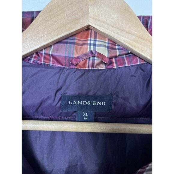 Lands' End Jacket Vest Women XL 18 Maroon Plaid Down Puffer Mock Neck Snap Down - Picture 6 of 10